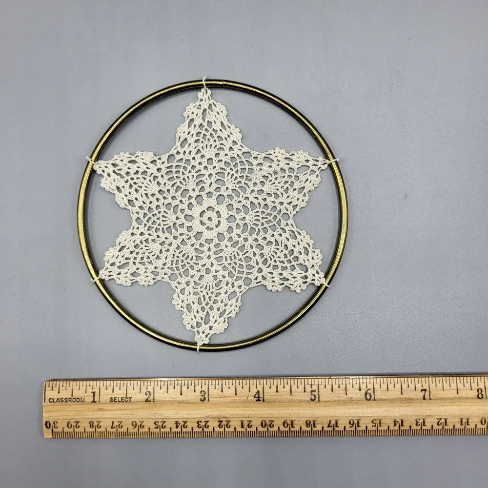 Vintage Crochet Snowflake Doily Gold Metal Hoop Handmade Lace Wall Art Decor 5